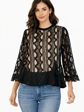 Another Story Black Crochet Lace Peplum Top Long Sleeve Sheer Blouse Small
